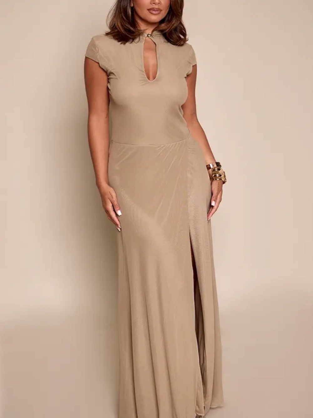 PLT Shape Keyhole Olive Mesh Fitted Maxi Dress US 8